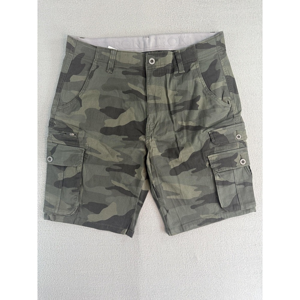 IRON Camo Cargo Shorts Mens 36 Green Canvas Cargo Stretch Casual Summer Outdoor